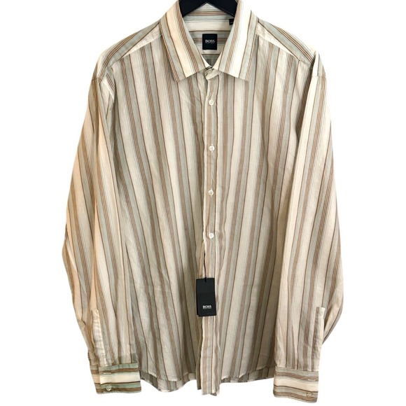 Hugo Boss Other - NWT HUGO BOSS Linen Blend Brown/Teal Striped Long Sleeve Shirt Men's XXL